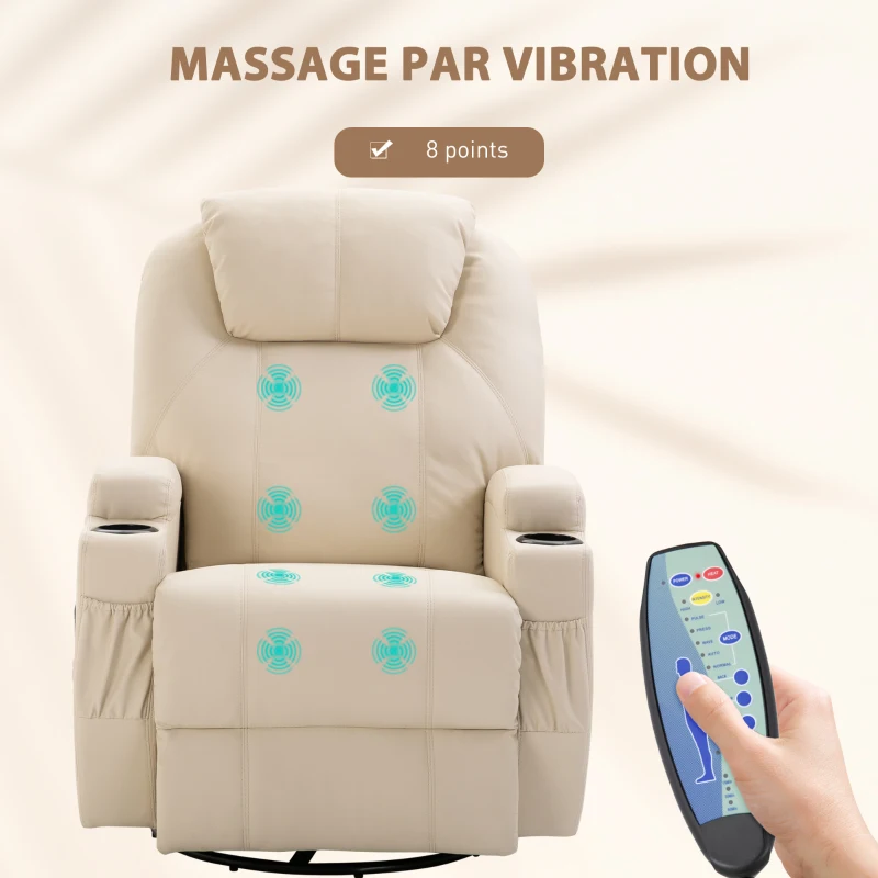 HOMCOM Fauteuil de massage inclinable, fauteuil de relaxation, dossier et repose-pieds réglable, 84 x 92 x 109 cm, crème