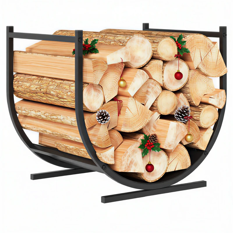 Outsunny Range-bûches porte buche de cheminée incurvé robust pour intérieur et extérieur, cadre en métal, 43 x 33 x 38 cm, noir