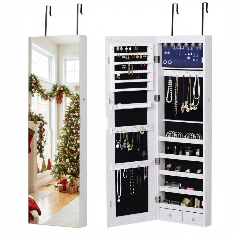 HOMCOM Jewelry Cabinet with Mirror and LED Lights, Lockable Makeup Cosmetics Jewellery Organiser, Mirror with Storage for Bedroom Dressing Room, White