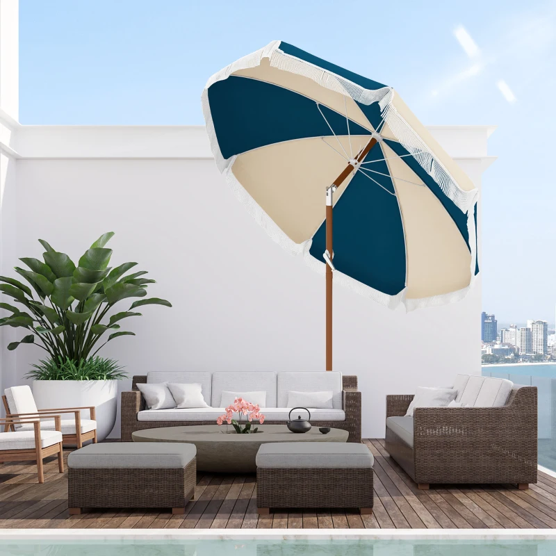 Outsunny Parasol inclinable rond Ø 213 cm avec franges polyester haute densité anti-UV mât démontable, vintage bleu et beige