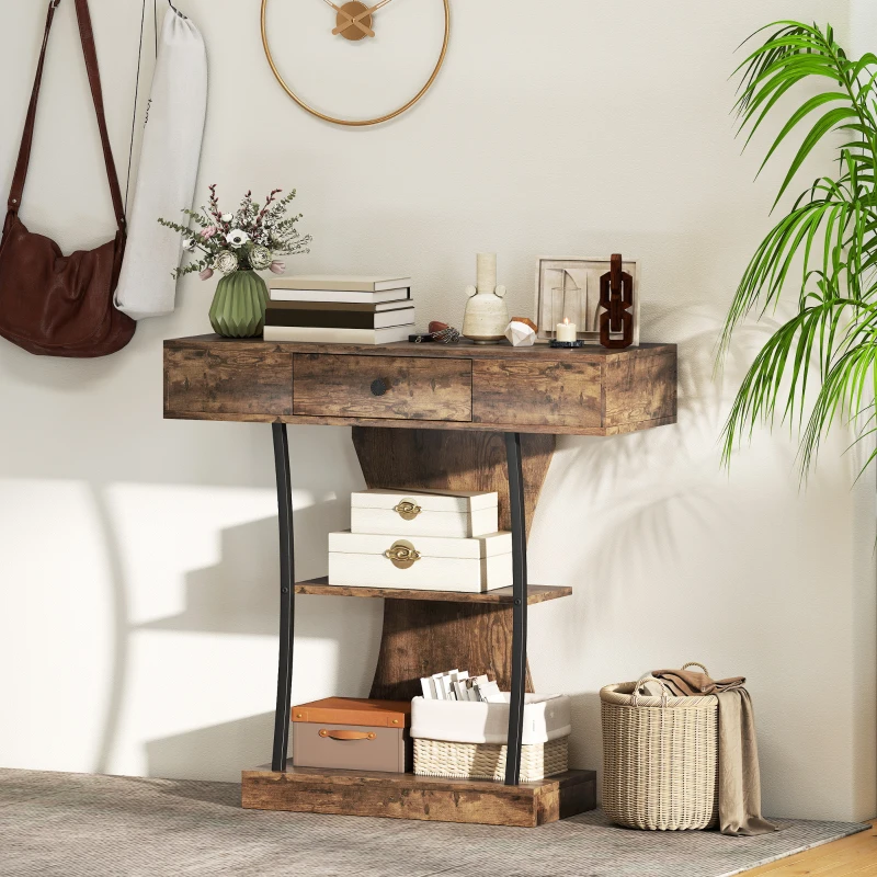 HOMCOM Console Table, 3-Tier Industrial Hallway Table with Drawer, Storage Shelves, 91 x 32 x 87 cm, Rustic Brown