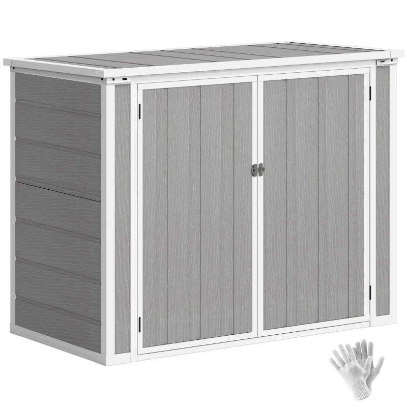 Outsunny 4.7 x 2.5FT Garden Shed, Double Bin Storage Shed with Lockable Doors, Outdoor Small Shed with Openable Lid for 2 Trash Cans, Garden Tools, Grey