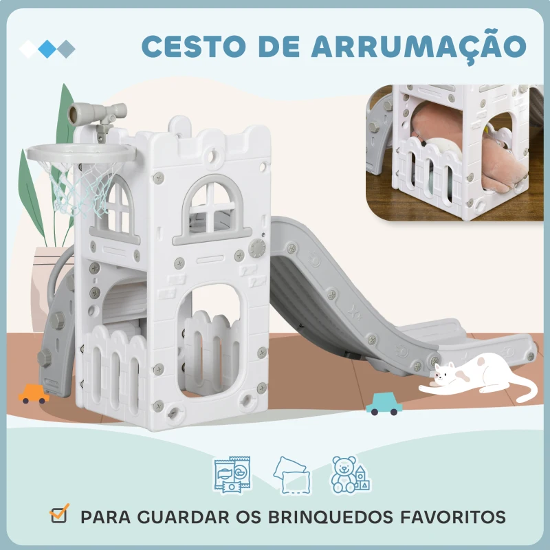 AIYAPLAY Escorrega Infantil 5 em 1 para Crianças com Cesto de Basquetebol Telescópio Escalador e Cesta Inferior 70x177x92 cm Branco e Cinza