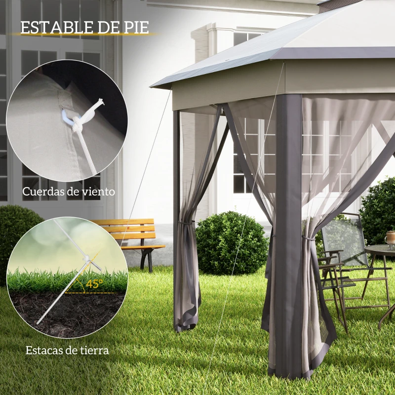 Outsunny Carpa Plegable 4x3,4 m con Doble Techo 6 Mosquiteras Extraíbles y Bolsa de Transporte Anti-UV Marrón y Beige