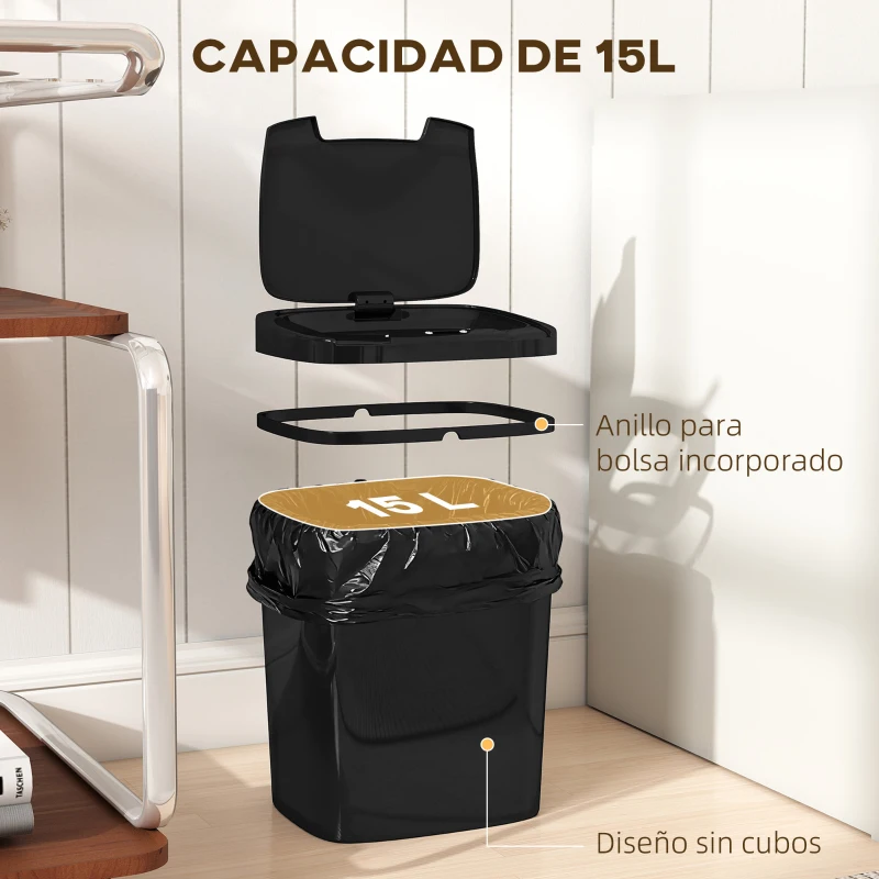 HOMCOM Cubo de Basura Cocina Automático 15 L con Sensor Infrarrojo y Modo Manual Anillo de Retención Antihuellas Negro