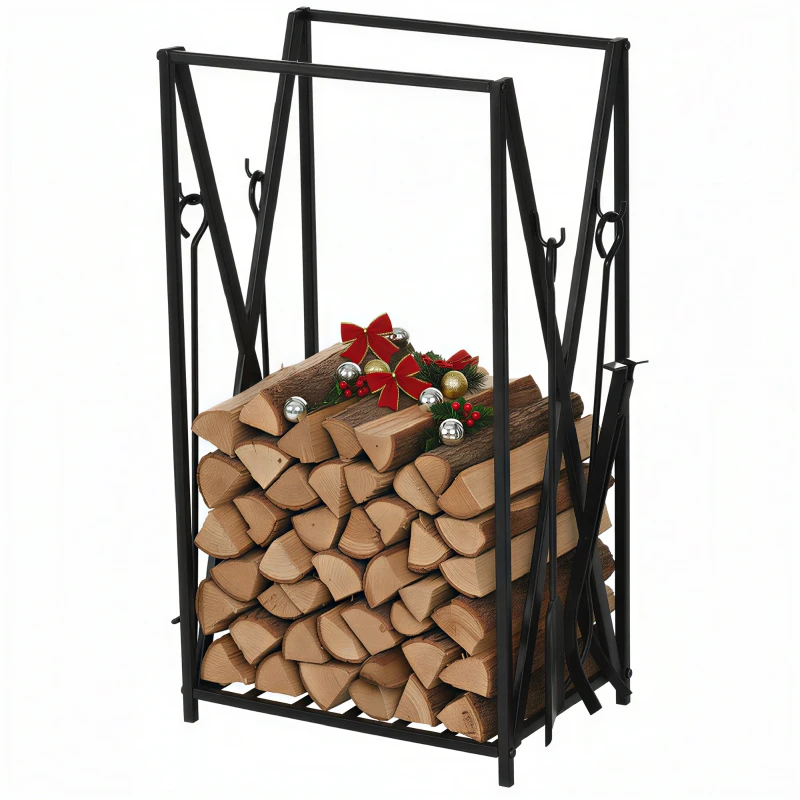 HOMCOM Porte bûches - Range bûches Serviteur de cheminée - Multi Accessoires étagère 46L x 30l x 76H cm Acier Noir