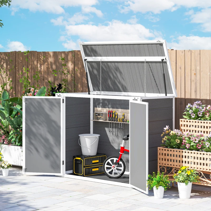 Outsunny 4.7 x 2.5FT Garden Shed, Double Bin Storage Shed with Lockable Doors, Outdoor Small Shed with Openable Lid for 2 Trash Cans, Garden Tools, Grey