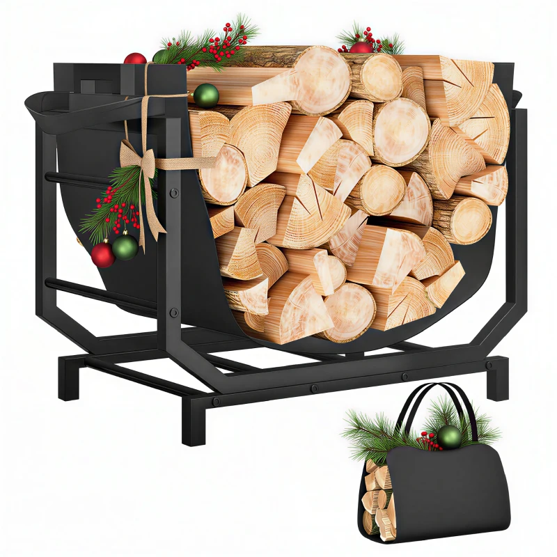 Outsunny Range-bûches porte buche avec sac de transport et poignées pour intérieure, en métal robuste, 53 x 33 x 43 cm, noir