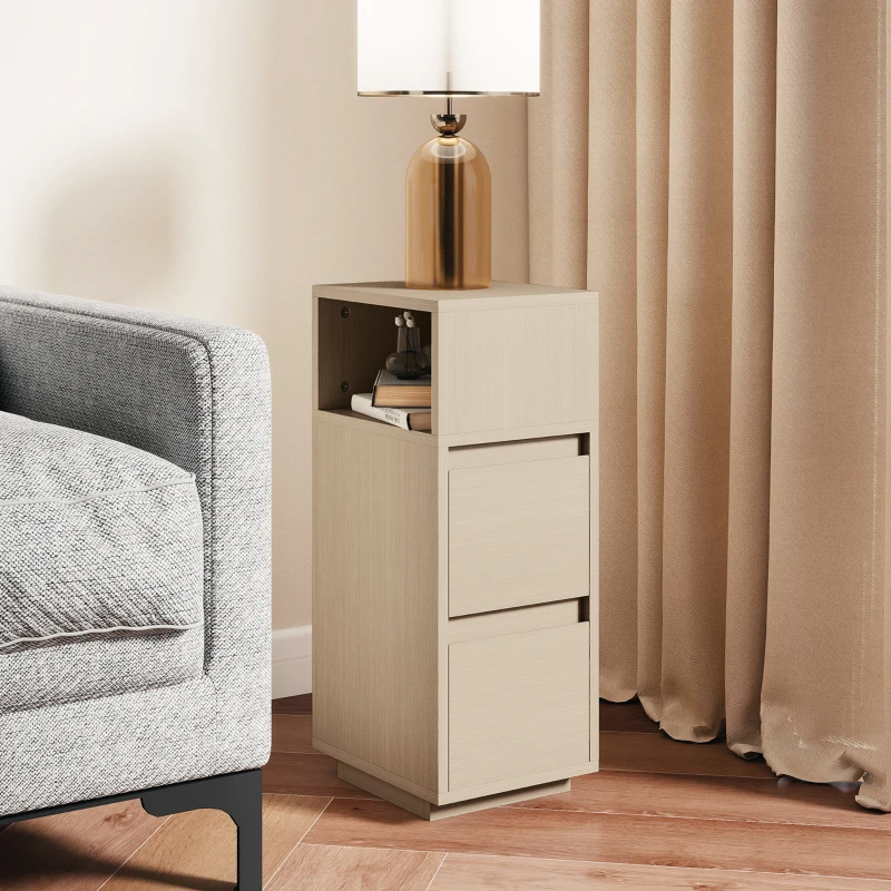 HOMCOM Slim Bedside Table, Narrow Bedside Cabinet with Open Shelf and 2 Drawers for Bedroom, Living Room, Natural Wood Finish