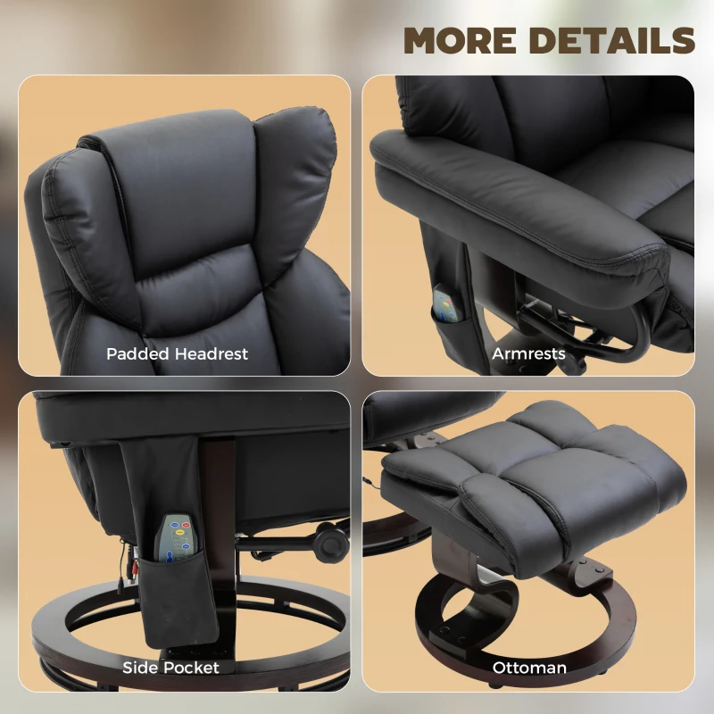 HOMCOM Poltrona Relax con Pouf Poggiapiedi e Funzione Massaggio, Reclinabile a 145° e Girevole a 360°, Nero