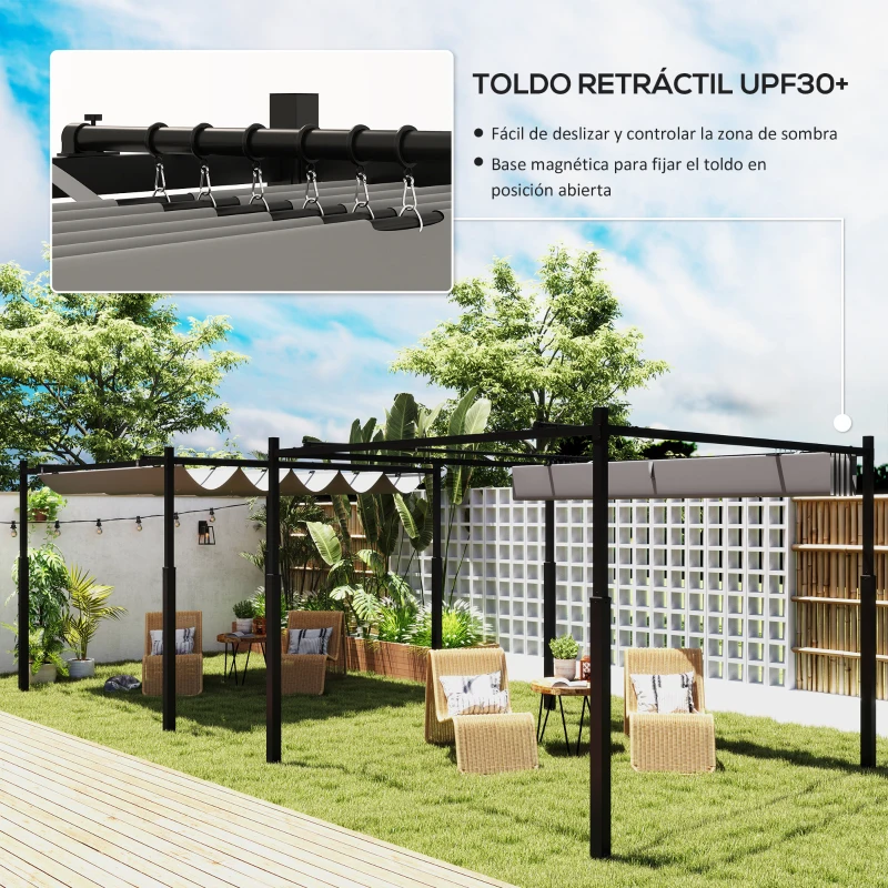 Outsunny Pérgola de Jardín 3x3 m con Techo Retráctil y Accesorio Magnético Protección UV30+ Columnas Metálicas y Ganchos Gris