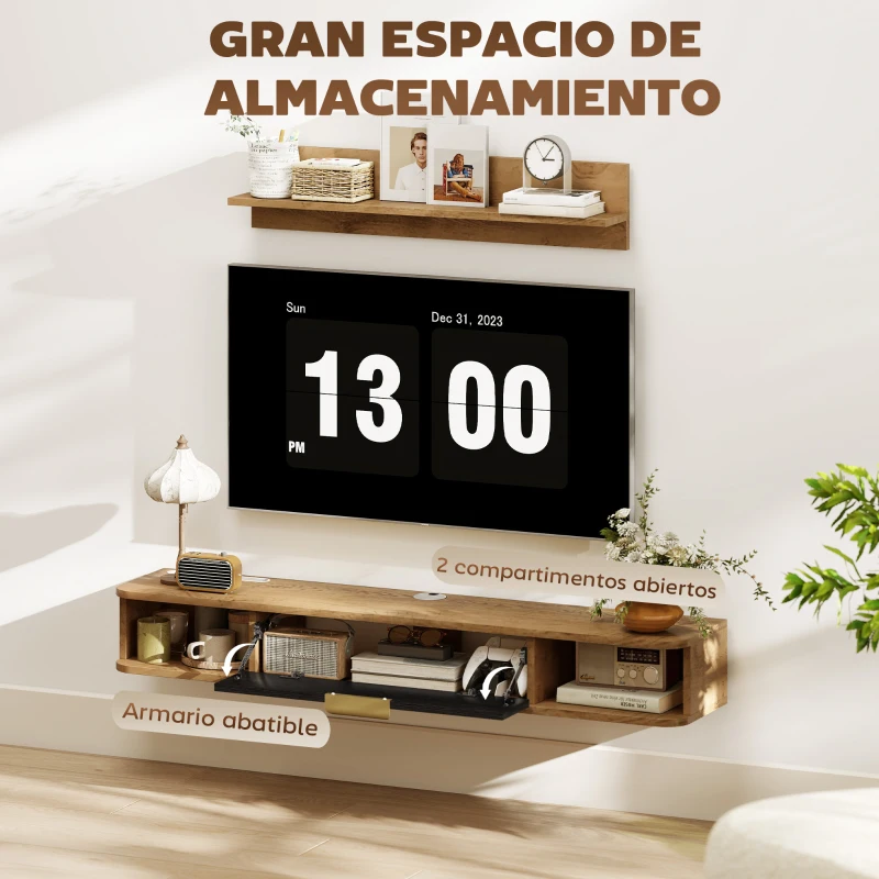 HOMCOM Conjunto de Muebles de Salón Muebles de TV con Estante de Pared Compartimentos Orificios para Cables 120x24x16 cm Roble