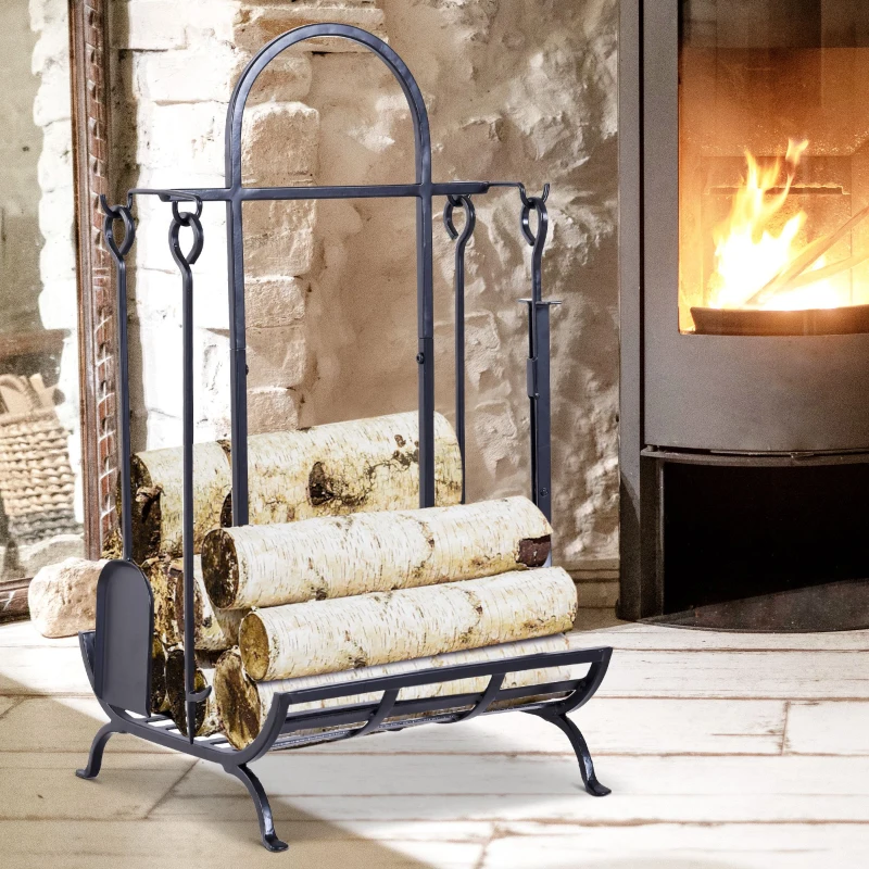 Outsunny Porte bûches - Range bûches Serviteur de cheminée - Multi Accessoires dim. 45L x 40l x 78H cm métal Noir