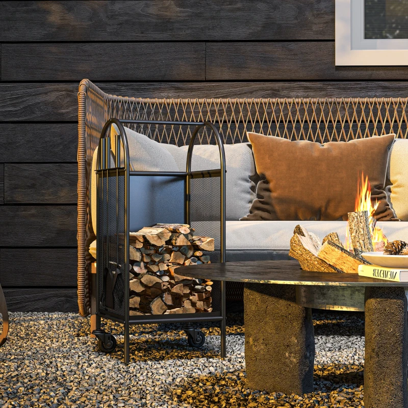 Outsunny Range-bûches porte bûches sur roulettes avec accessoires pelle balai et tisonnier 37,5 x 37,5 x 80 cm noir