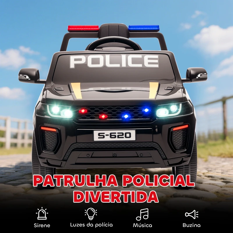 AIYAPLAY Carro Elétrico para Crianças de Polícia 12V com Motor Duplo Suspensão em 4 Rodas Sirene Faróis LED Porta USB Bluetooth e Música Preto