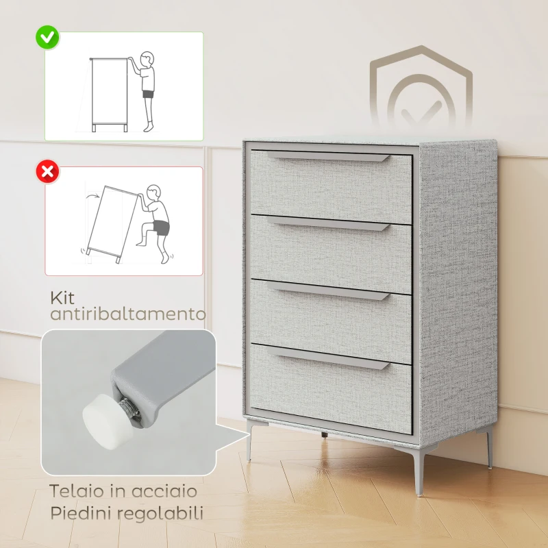 HOMCOM Cassettiera 4 Cassetti in Acciaio con Rivestimento in Tessuto Effetto Lino, 60x36x88 cm, Grigio