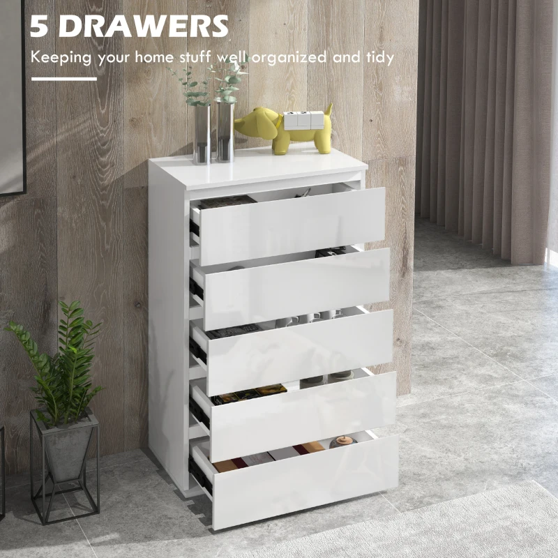 HOMCOM 5-Drawer Modern Dresser, High Gloss Storage Drawer Unit for Bedroom, White