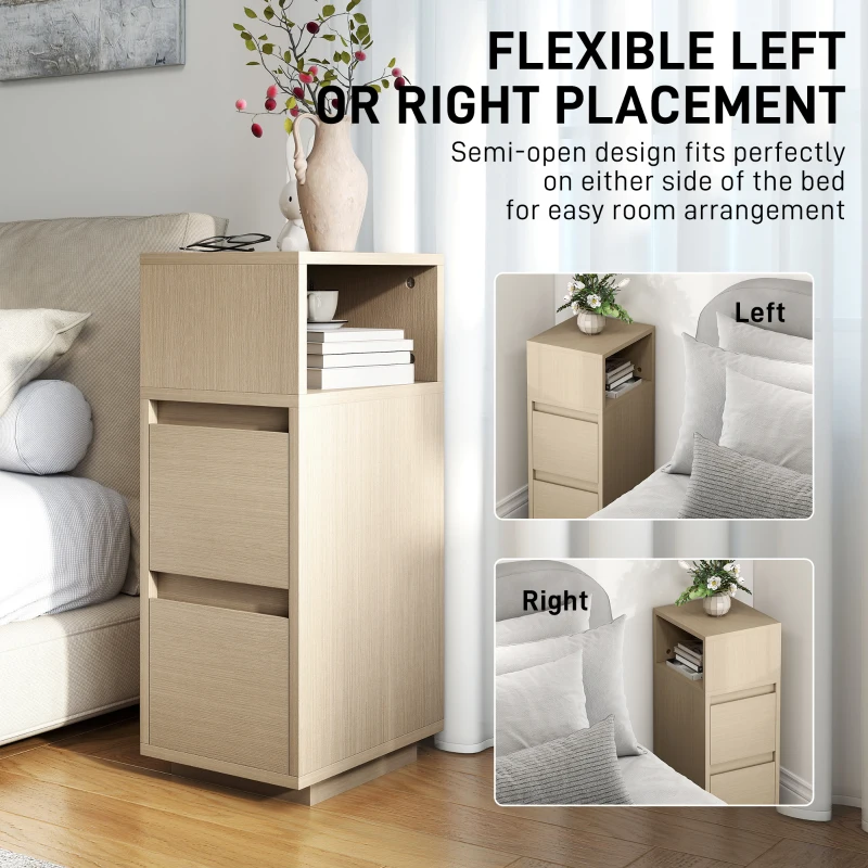 HOMCOM Slim Bedside Table, Narrow Bedside Cabinet with Open Shelf and 2 Drawers for Bedroom, Living Room, Natural Wood Finish