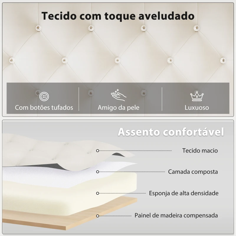 HOMCOM Banco aos Pés da Cama Estofado em Veludo Design Capitonê Base de Metal Banco para Quarto Entrada Sala 117x40x48 cm Creme