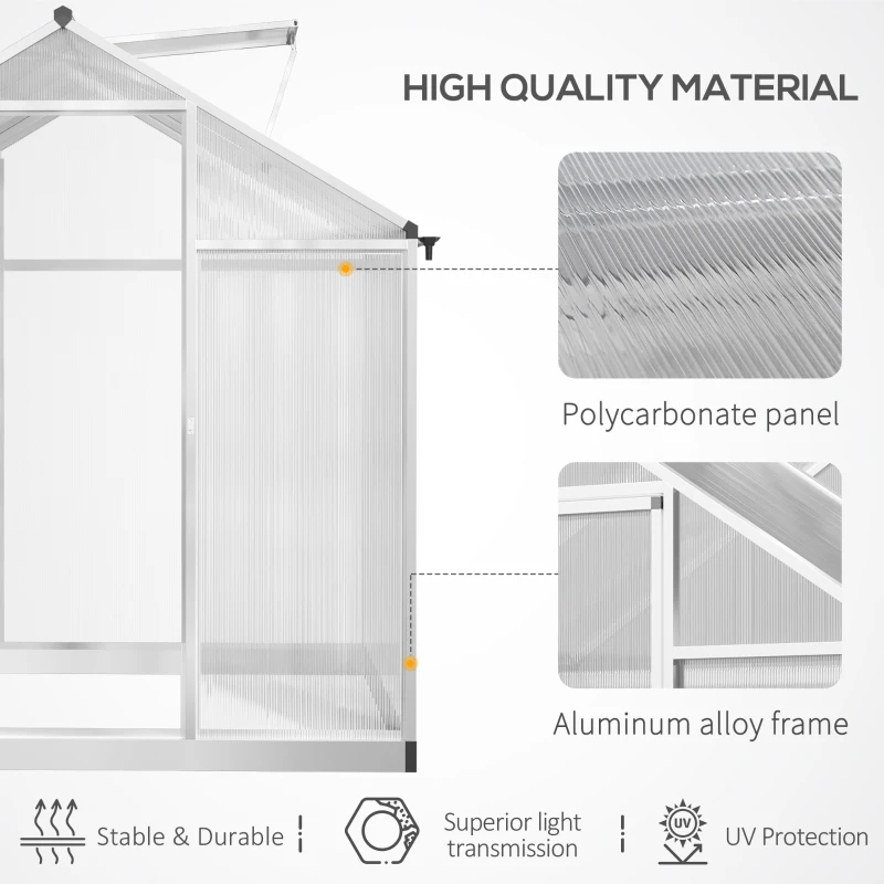Outsunny Gewächshaus aus Aluminium und Polycarbonat in 4,6 m², Maße 2,42L x 1,9B x 1,95H m, Lüftungsfenster, Tür mit Riegel