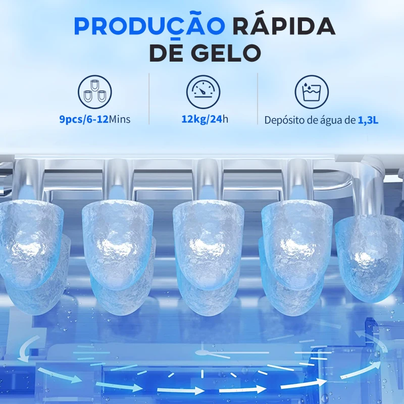 HOMCOM Máquina de Fazer Gelo Silenciosa 12 kg em 24 Horas 9 Cubos em 6-12 Minutos Depósito de Água 1,3 L 22,2x29,4x29 cm Preto