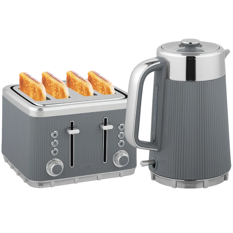 HOMCOM 2200W, fierbător 1,7L cu funcție de fierbere rapidă, filtru anticalcar și toaster cu 4 felii și 7 trepte de rumenire, gri