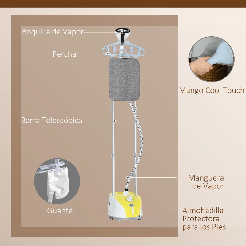 HOMCOM Plancha de Vapor Vertical 1950W 2 L con Temperatura Ajustable en 11 Niveles y Barra Telescópica Amarillo