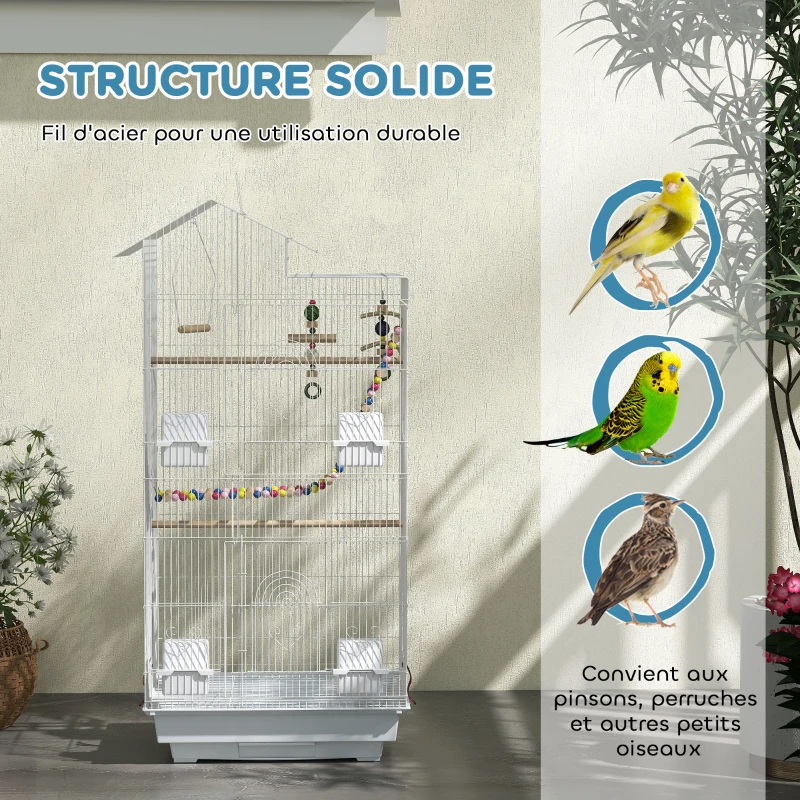 PawHut Cage à oiseaux 46 x 36 x 100 cm 4 mangeoires 3 perchoirs cage pour perruche calopsitte conure pinson canaris