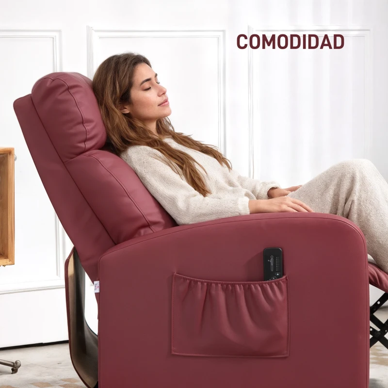 HOMCOM Sillón de Masaje Reclinable con Mando a Distancia Bolsillo Lateral y Temporizador Tapizado en PU 68x88x98cm Rojo Burdeos