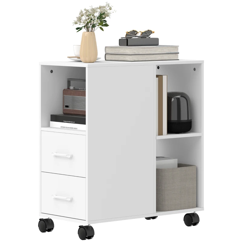 HOMCOM Minimalistischer Beistelltisch auf Rollen mit 2 Schubladen, offenem Fach und verstellbarem Regal, Holz, 60x30x65 cm, Weiß