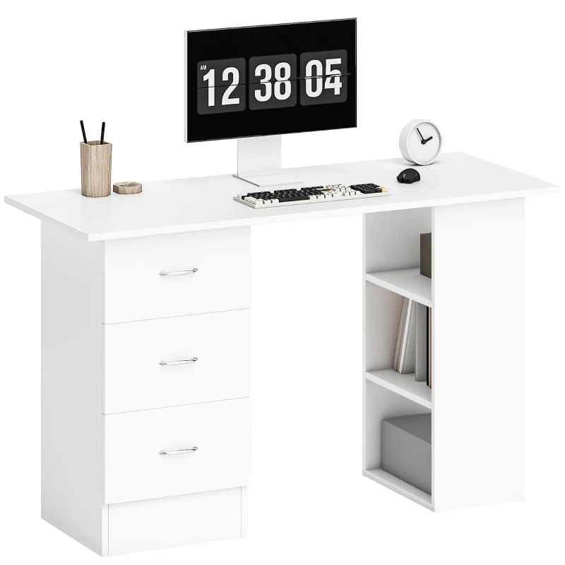 HOMCOM Computer Desk, Writing Table, PC Workstation with 3 Storage Shelves and Drawers, Silver Handle, for Home Office, White