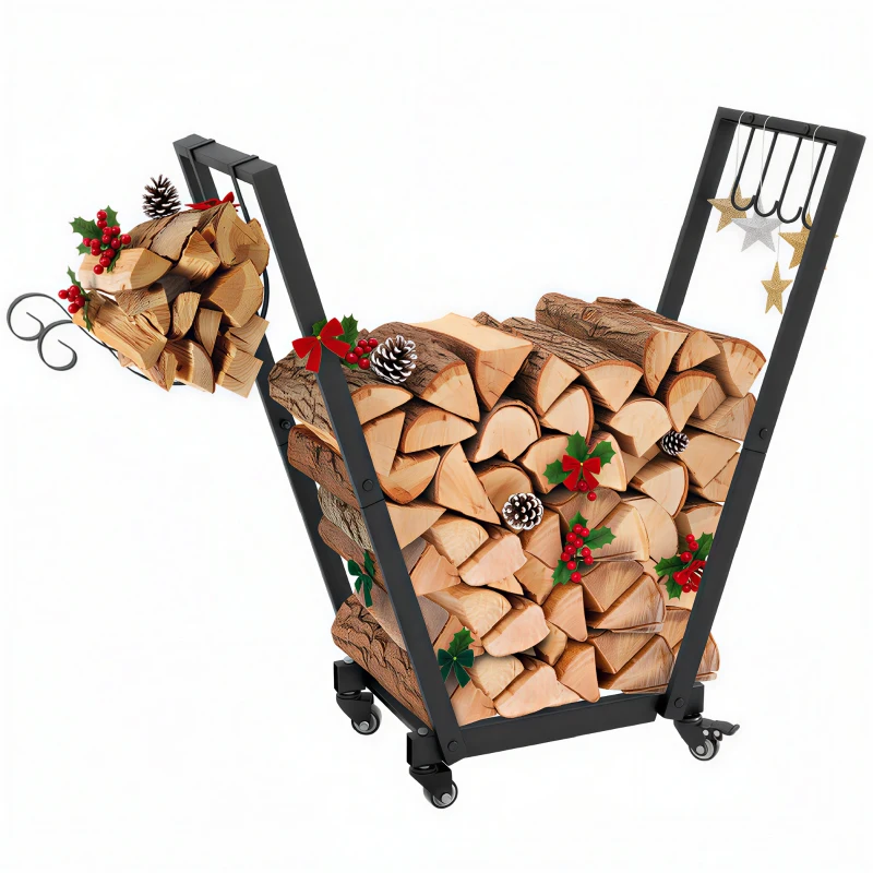 Outsunny Porte-bûches intérieur range-bûches intérieur avec crochets latéraux roues charge max. 50 kg, 79 x 30 x 81 cm métal noir