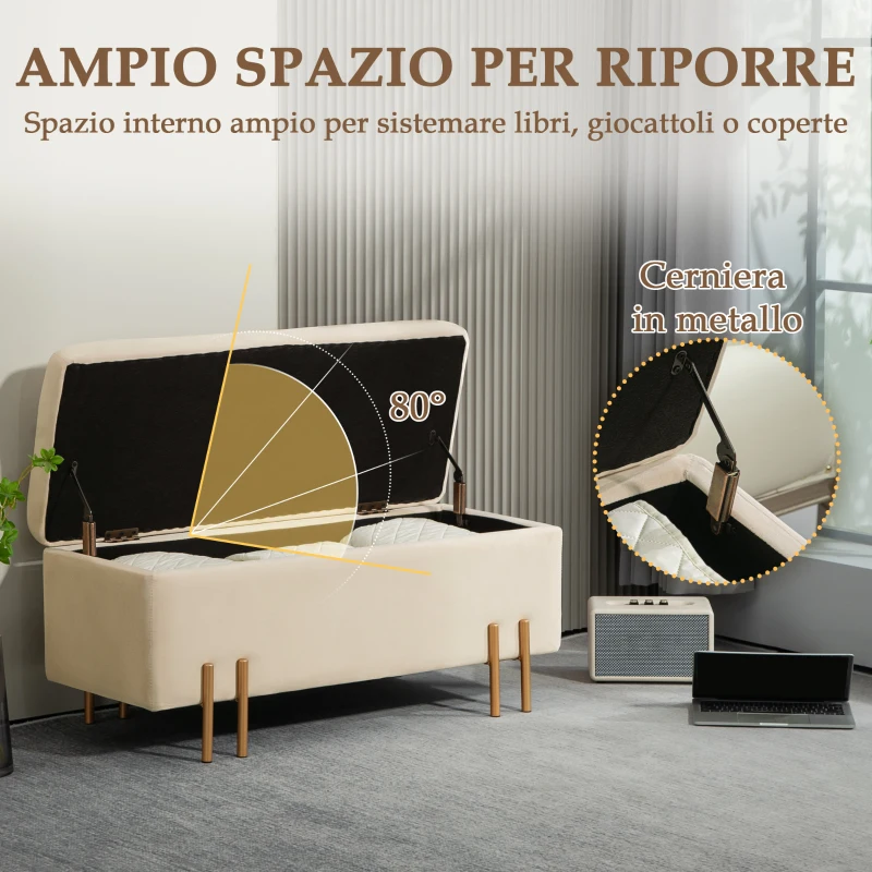 HOMCOM Panca Fondo Letto Moderna con Spazio Contenitore Interno, in Poliestere Beige, 100x40x42 cm