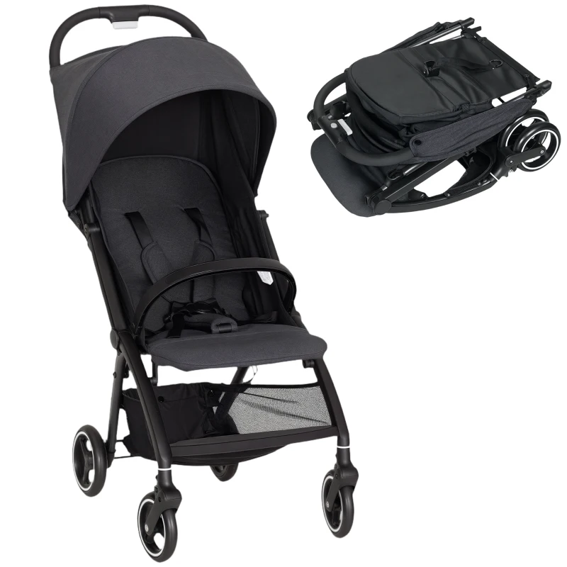 AIYAPLAY Carrito para Bebé Plegable con Respaldo Reclinable Reposapiés Ajustable Capota Cesta Arnés Carga 15 kg Gris Oscuro