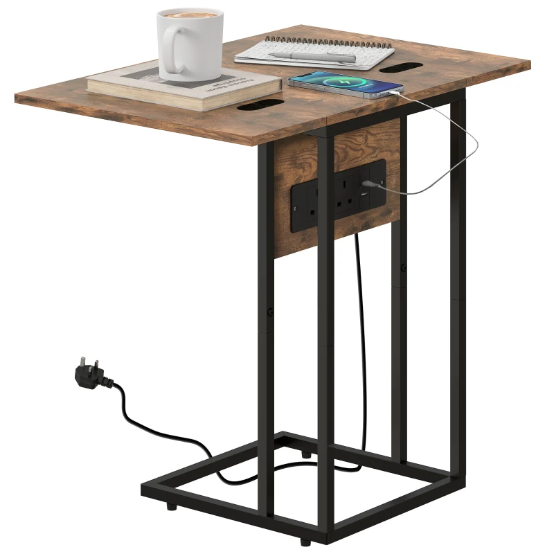 HOMCOM C Shaped Side Table with Charging Station and Foldable Top - Rustic Brown