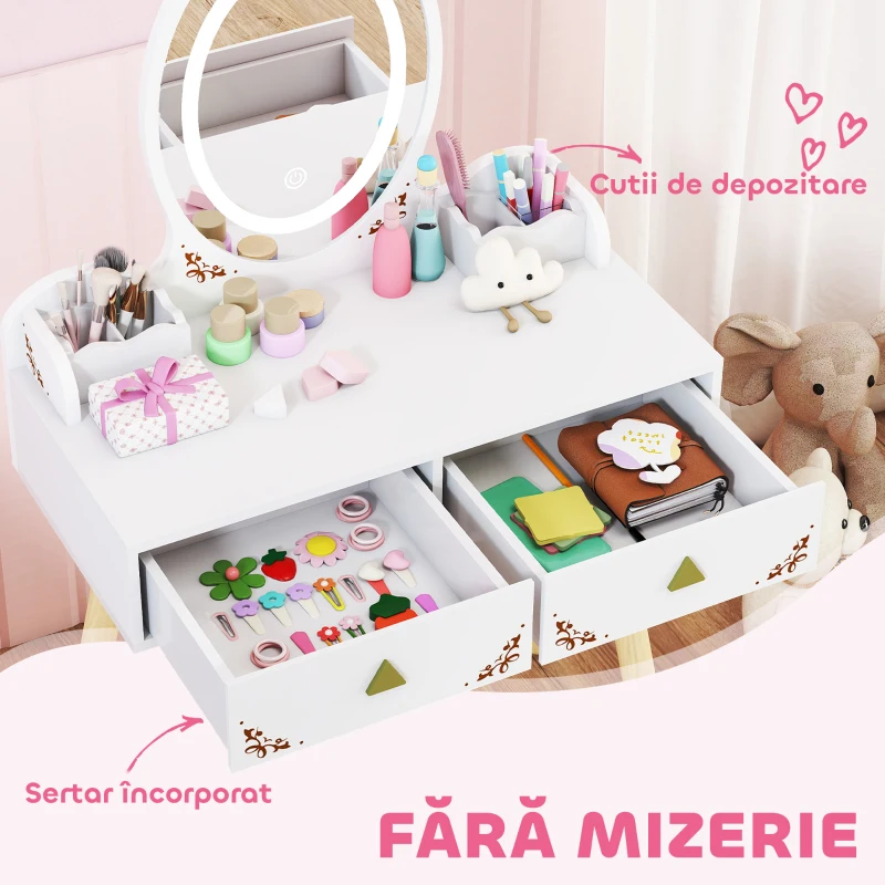 AIYAPLAY Set Măsuță și Scaun pentru Copii cu Oglindă cu Lumini LED în 3 Culori, Sertar, Cutii de Depozitare, pentru 3+ Ani, Alb