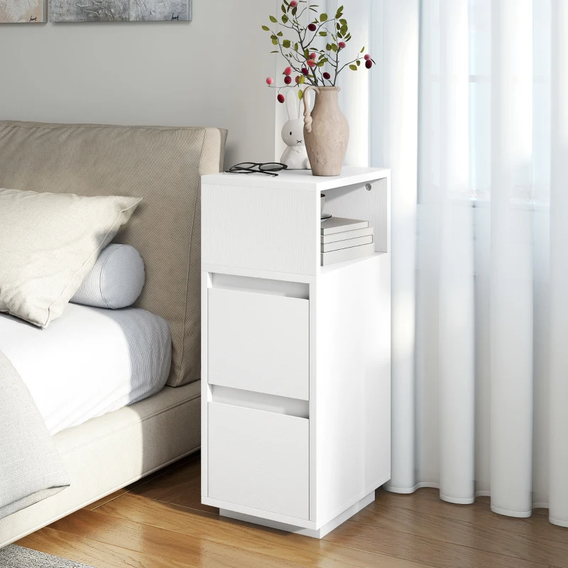 HOMCOM Slim Bedside Table, Narrow Bedside Cabinet with Open Shelf and 2 Drawers for Bedroom, Living Room, White