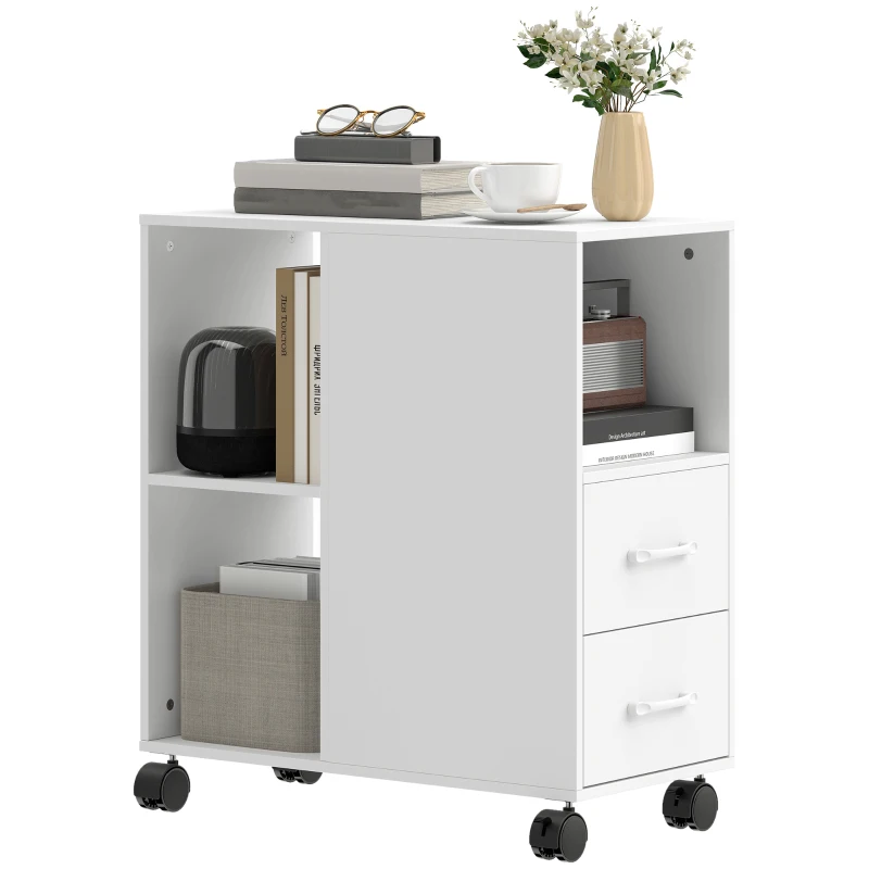 HOMCOM Mesa auxiliar con ruedas, mesita, cajones, estantería ajustable y compartimento abierto, 60x30x65cm, blanco