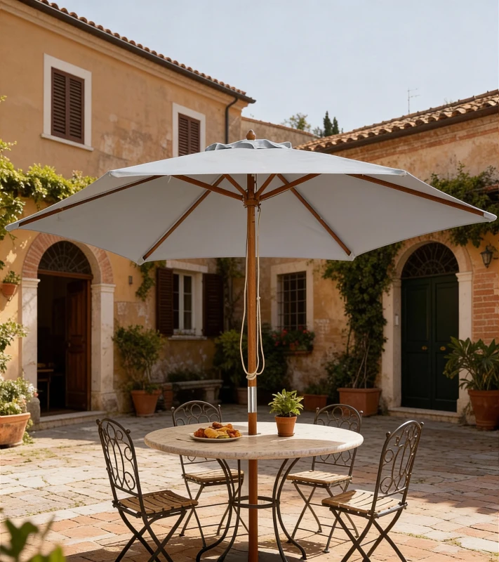 Outsunny Umbrela de Gradina 2.5x2.3m, Umbrela Parasolar cu a 6 Nervuri din Lemn si Poliester, Alb Crem