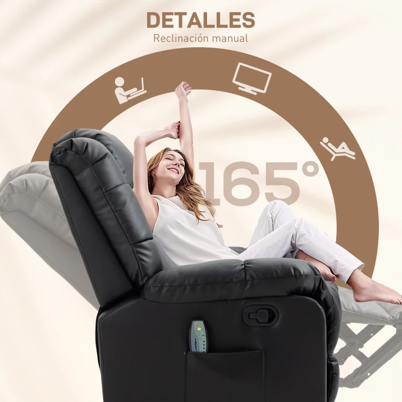 HOMCOM Sillón de Masaje Reclinable con 8 Puntos de Masaje Mando a Distancia Tapizado en PU Reposapiés Bolsillo Lateral Negro