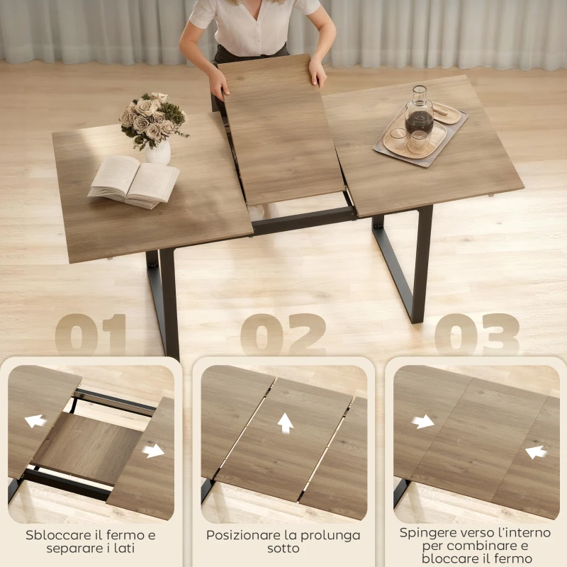 HOMCOM Tavolo da Pranzo Industriale per 6-8 Persone con Ribalta Rotonda, in Legno e Acciaio, 180x80x75 cm
