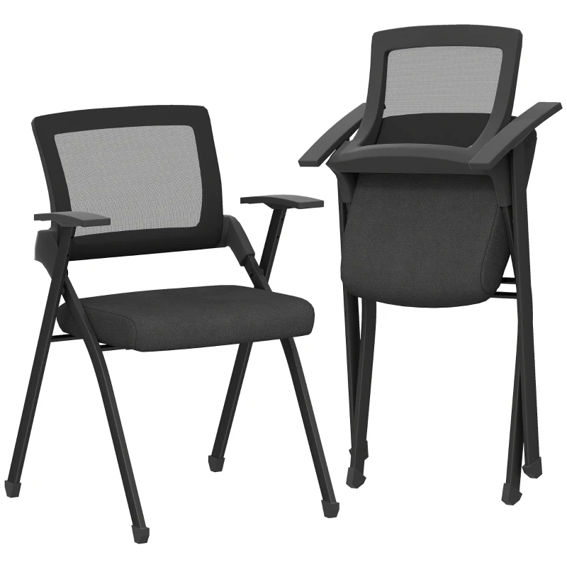 HOMCOM Set 2 Sedie Pieghevoli con Schienale Curvo e Braccioli, in Tessuto Effetto Lino e Acciaio, 61x56x84 cm, Nero