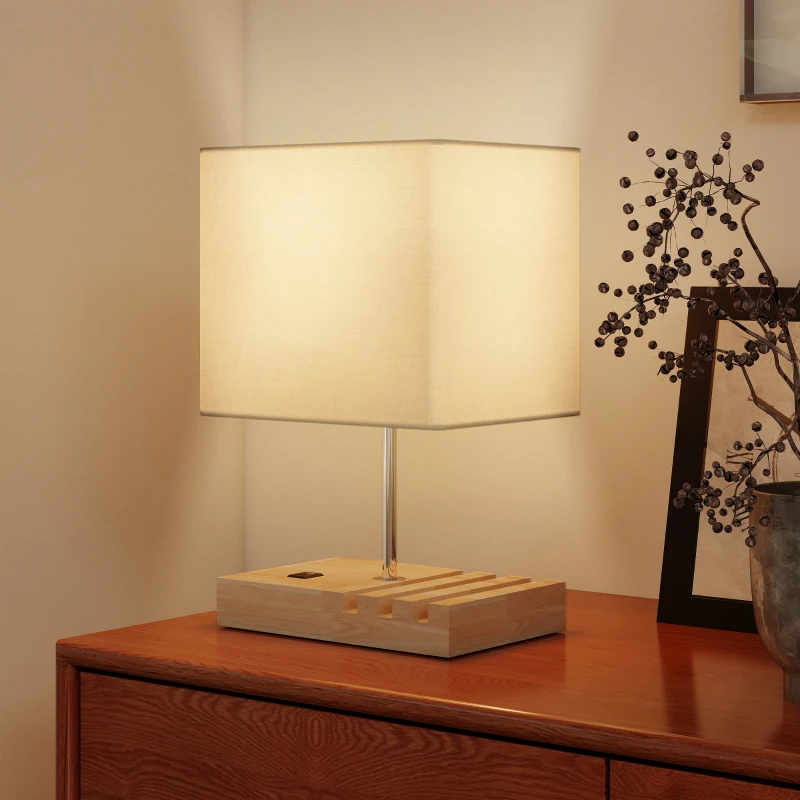 HOMCOM Bedside Lamp with USB A+C Charging Ports and 3 Phone Stands, Modern Table Lamp with Solid Wood Base and Fabric Shade for Bedroom Living Room Office, E27 Socket, Bulb Not Included, White