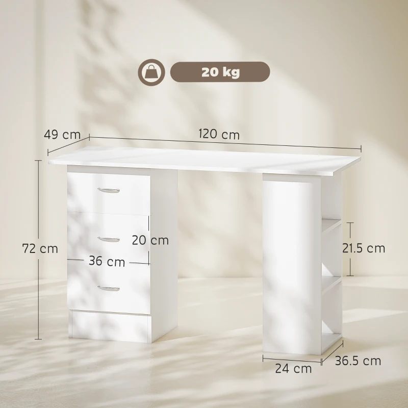 HOMCOM Computer Table, 120cm Home Office Desk, Study Workstation with 3-Tier Storage Shelves and 3 Drawers, White