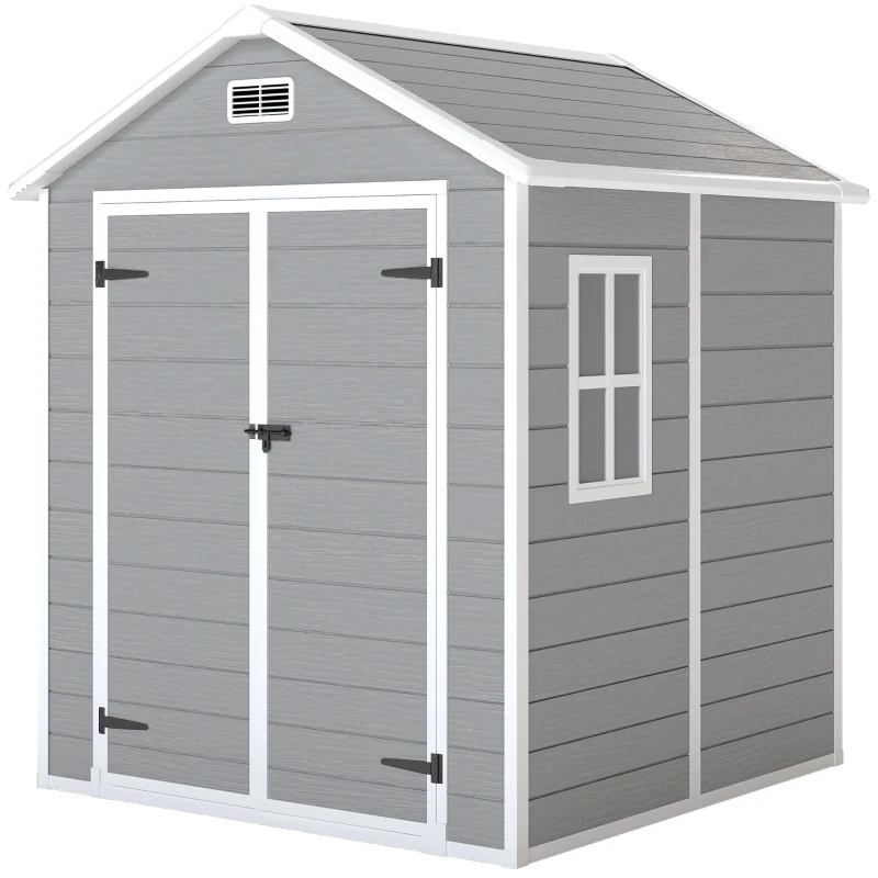 Outsunny Abrigo de Jardim em Resina 182x151x219 cm com Piso Janela Ventilação Portas Duplas Cinzento