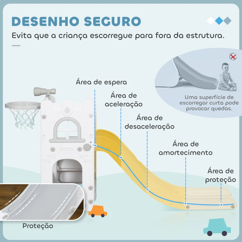 AIYAPLAY Escorrega Infantil 5 em 1 para Crianças com Cesto de Basquetebol Telescópio Escalador e Cesta Inferior 70x177x92 cm Branco e Cinza