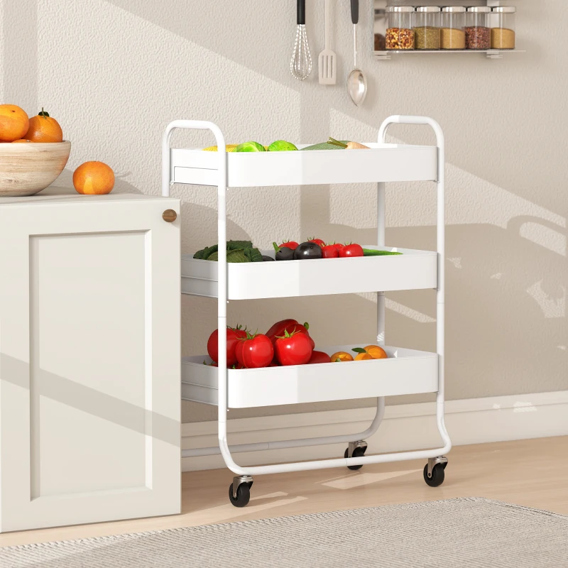 HOMCOM 3-Tier Storage Trolley on Wheels, Rolling Utility Cart with Mesh Backets for Kitchen, Bathroom, Bedroom, White