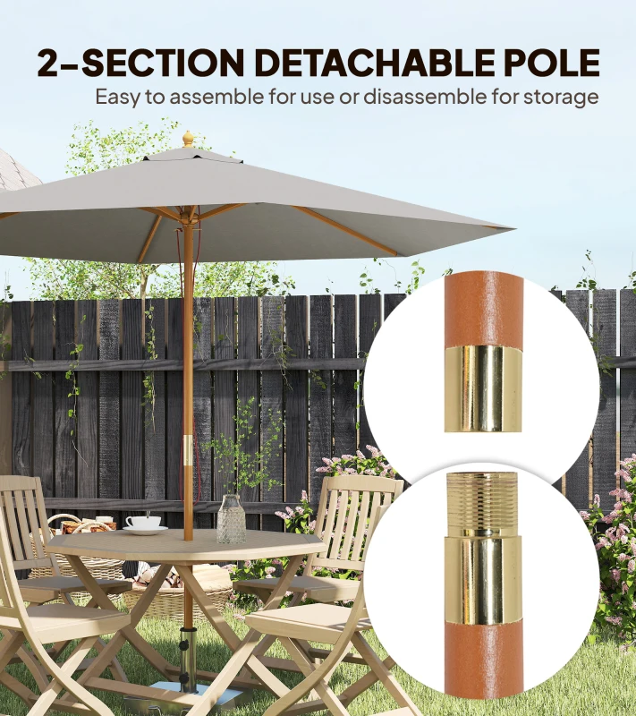 Outsunny 2.5m Wood Garden Parasol Sun Shade Patio Outdoor Wooden Umbrella Canopy, Table Market Umbrella with Vent, 38mm Pole, Rope Pulley Mechanism, Grey