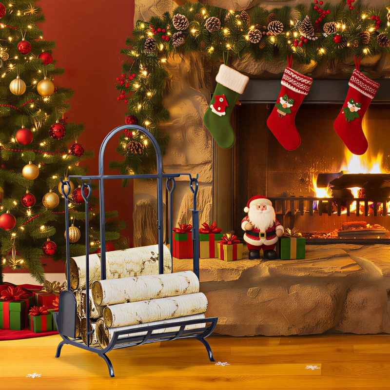 Outsunny Porte bûches - Range bûches Serviteur de cheminée - Multi Accessoires dim. 45L x 40l x 78H cm métal Noir