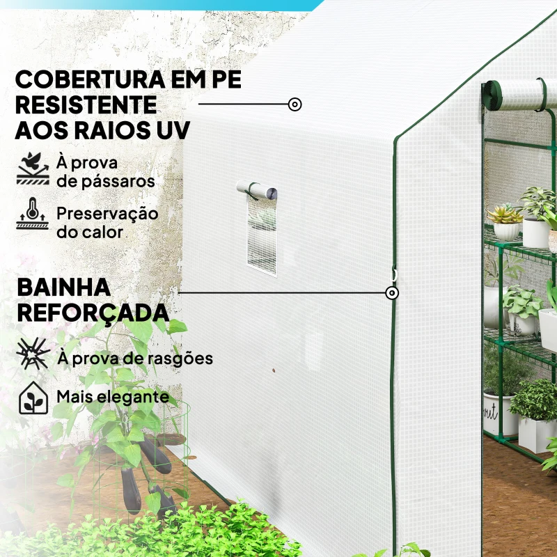 Outsunny Estufa de Jardim de 3 Níveis com 12 Prateleiras Porta Enrolável Janelas Anti-UV Cobertura de PE  140x213x190 cm Branco